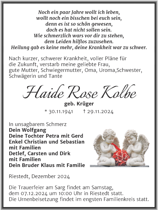 Traueranzeige von Haide Rose Kolbe von Trauerkombi Sangerhausen