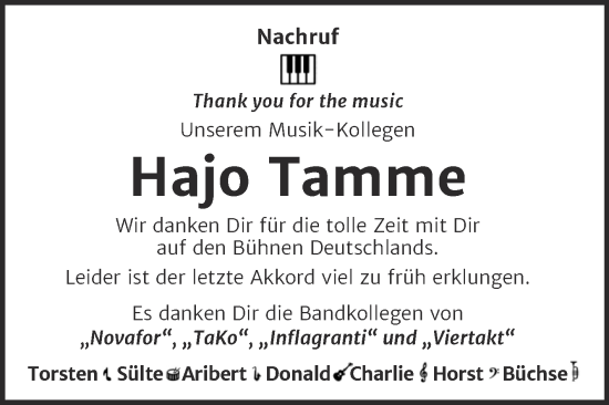 Traueranzeige von Hajo Tamme von Trauerkombi Wittenberg