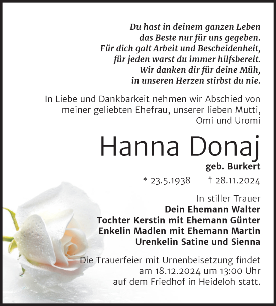 Traueranzeige von Hanna Donaj von Trauerkombi Bitterfeld