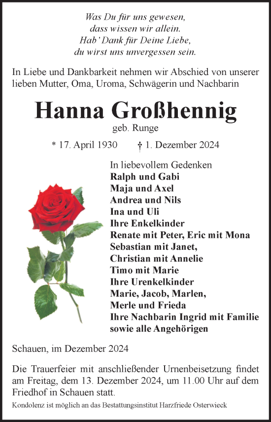 Traueranzeige von Hanna Großhennig von Volksstimme Halberstadt