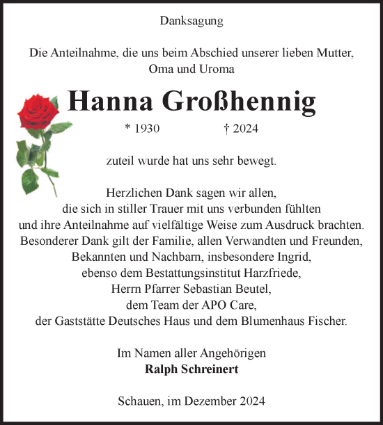 Traueranzeige von Hanna Großhennig von Volksstimme Halberstadt