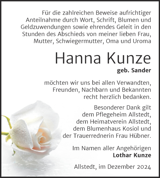 Traueranzeige von Hanna Kunze von Trauerkombi Sangerhausen