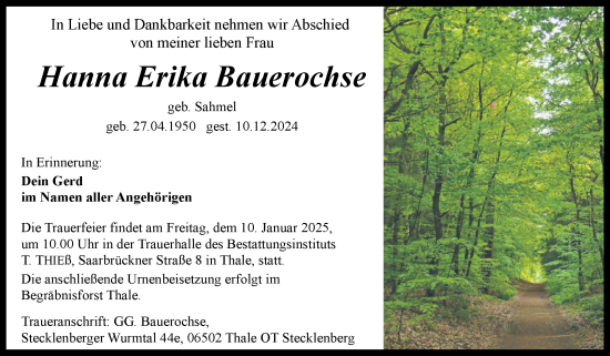 Traueranzeige von Hanna Erika Bauerochse von Trauerkombi Quedlinburg