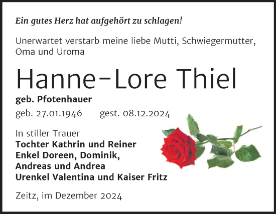 Traueranzeige von Hanne-Lore Thiel von Trauerkombi Zeitz