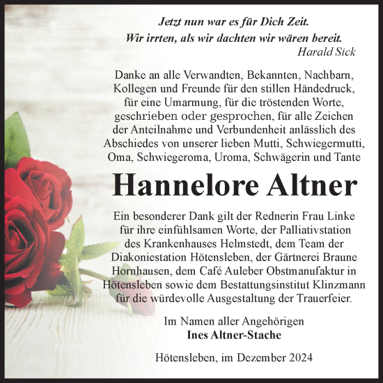 Traueranzeige von Hannelore Altner von Volksstimme Oschersleben/Wanzleben