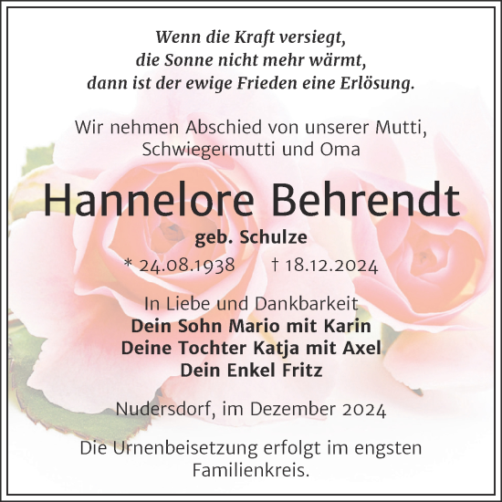 Traueranzeige von Hannelore Behrendt von Trauerkombi Wittenberg