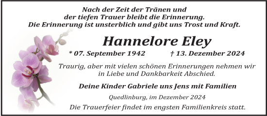 Traueranzeige von Hannelore Eley von Trauerkombi Quedlinburg