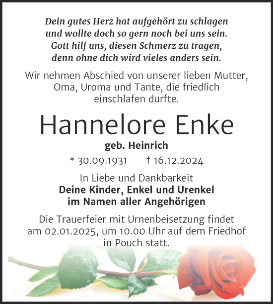 Traueranzeige von Hannelore Enke von Trauerkombi Bitterfeld