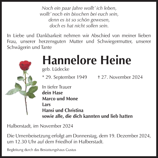 Traueranzeige von Hannelore Heine von Volksstimme Halberstadt