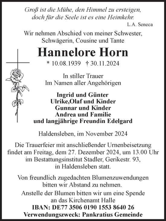 Traueranzeige von Hannelore Horn von Mitteldeutsche Zeitung Halle/Saalkreis