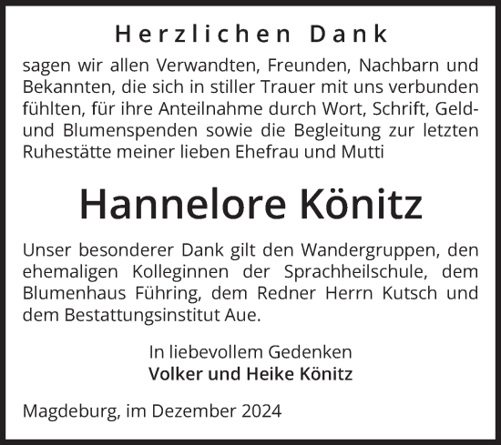 Traueranzeige von Hannelore Könitz von Volksstimme Magdeburg