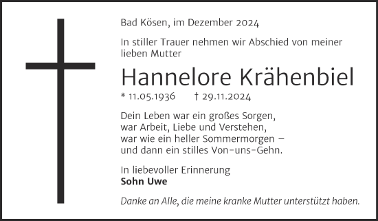 Traueranzeige von Hannelore Krähenbiel von Naumburger Tageblatt