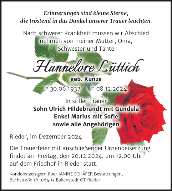 Traueranzeige von Hannelore Lüttich von Trauerkombi Quedlinburg