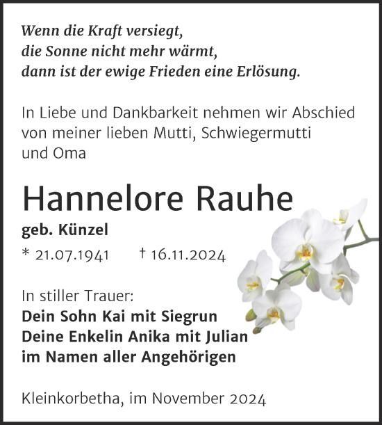 Traueranzeige von Hannelore Rauhe von Trauerkombi Weißenfels