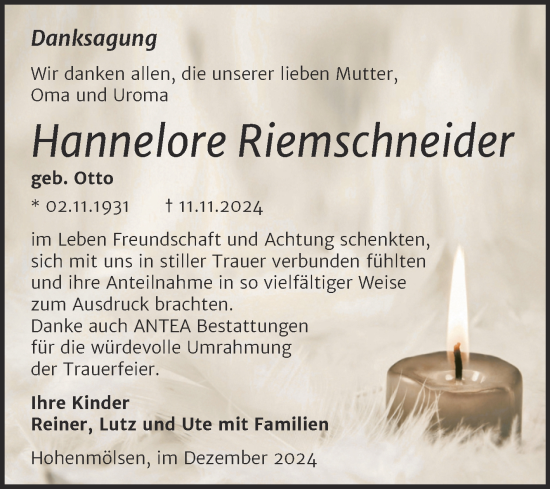 Traueranzeige von Hannelore Riemschneider von Trauerkombi Weißenfels