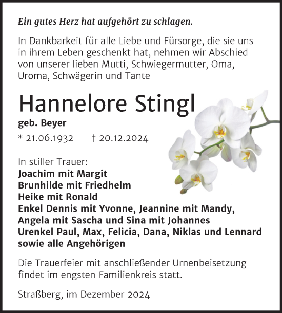 Traueranzeige von Hannelore Stingl von Trauerkombi Quedlinburg