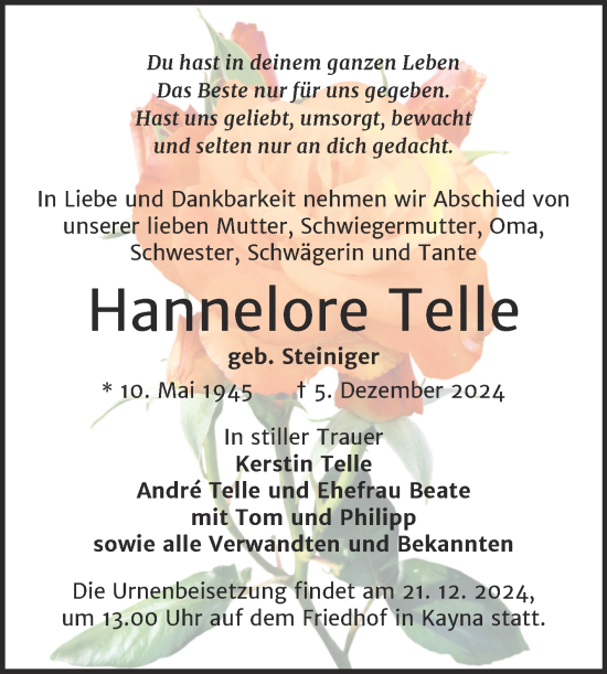 Traueranzeige von Hannelore Telle von Trauerkombi Zeitz