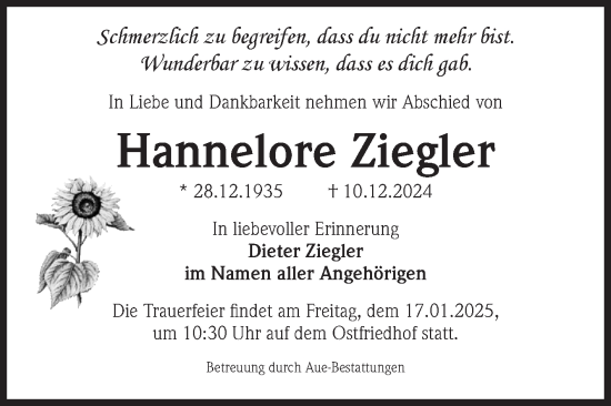 Traueranzeige von Hannelore Ziegler von Volksstimme Altmark West