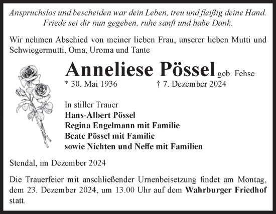 Traueranzeige von Hans-Albert Pössel von Volksstimme Altmark Ost