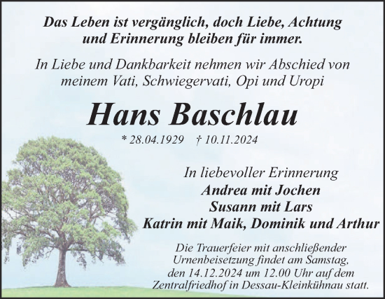 Traueranzeige von Hans Baschlau von Trauerkombi Dessau