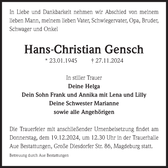 Traueranzeige von Hans-Christian Gensch von Volksstimme Magdeburg