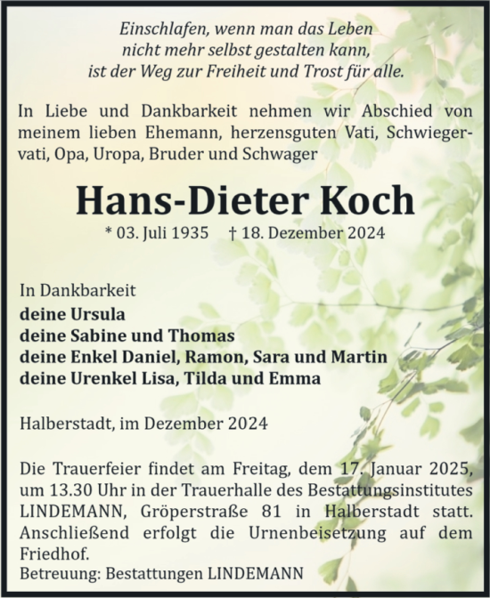 Traueranzeige von Hans-Dieter Koch von Volksstimme Halberstadt