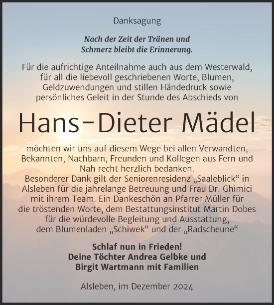 Traueranzeige von Hans-Dieter Mädel von Trauerkombi Bernburg