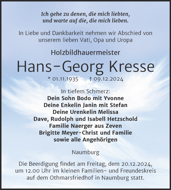 Traueranzeige von Hans-Georg Kresse von Naumburger Tageblatt