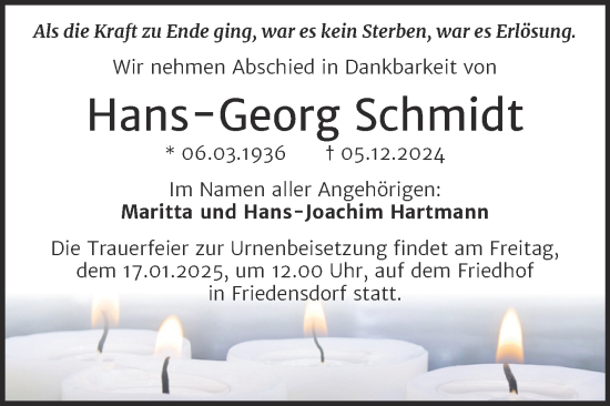 Traueranzeige von Hans-Georg Schmidt von Trauerkombi Merseburg