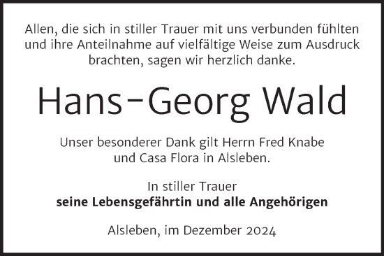 Traueranzeige von Hans-Georg Wald von Trauerkombi Bernburg