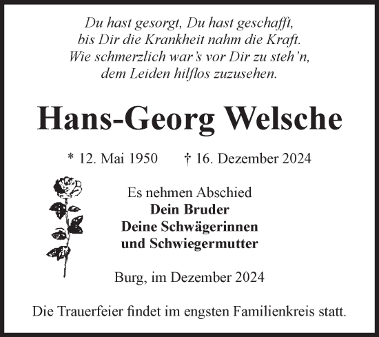 Traueranzeige von Hans-Georg Welsche von Volksstimme Burg/Genthin
