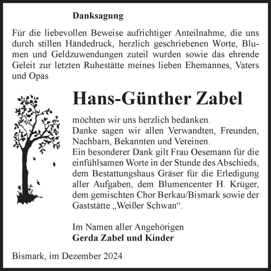 Traueranzeige von Hans-Günther Zabel von Volksstimme Altmark Ost