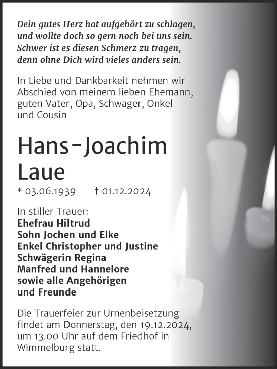 Traueranzeige von Hans-Joachim Laue von Mitteldeutsche Zeitung Mansfelder Land