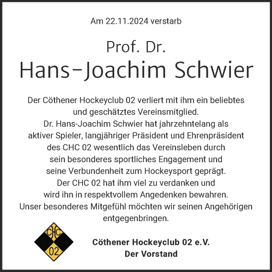 Traueranzeige von Hans-Joachim Schwier von Mitteldeutsche Zeitung Köthen