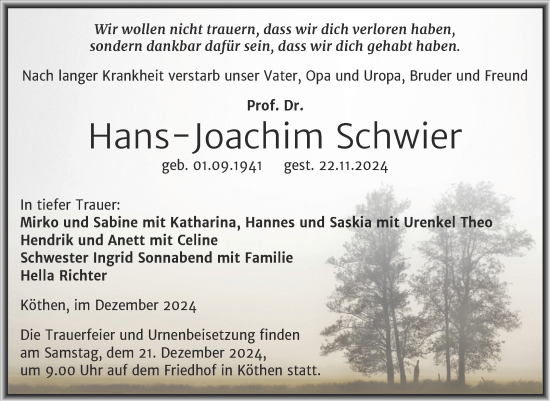 Traueranzeige von Hans-Joachim Schwier von Trauerkombi Köthen