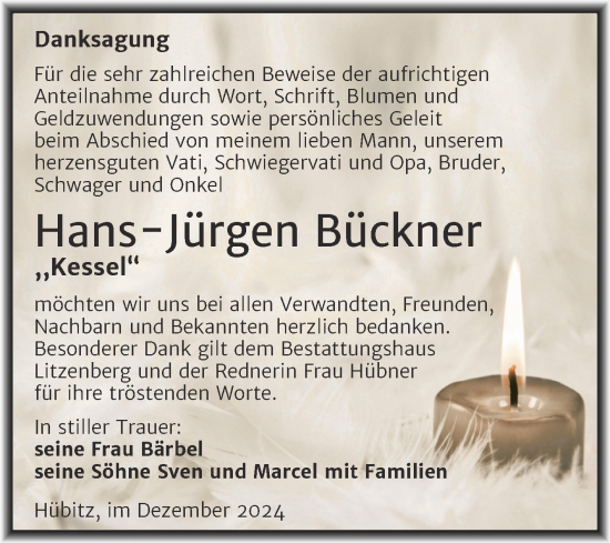 Traueranzeige von Hans-Jürgen Bückner von Trauerkombi Mansfelder Land