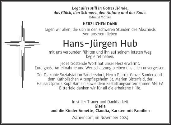 Traueranzeige von Hans-Jürgen Hub von Trauerkombi Bitterfeld
