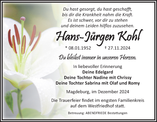 Traueranzeige von Hans-Jürgen Kohl von Volksstimme Magdeburg