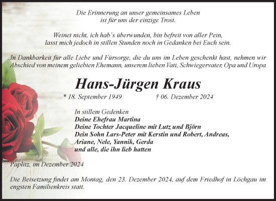 Traueranzeige von Hans-Jürgen Kraus von Mitteldeutsche Zeitung Köthen