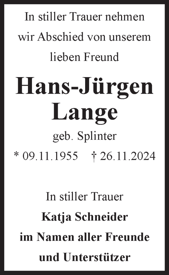 Traueranzeige von Hans-Jürgen Lange von Volksstimme Magdeburg