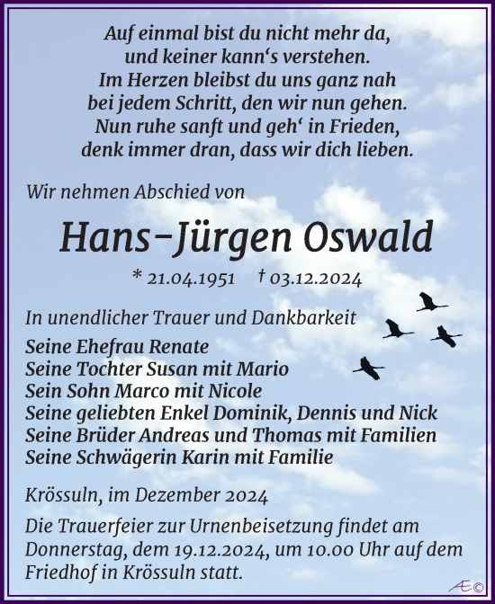 Traueranzeige von Hans-Jürgen Oswald von Super Sonntag Naumburg/Nebra