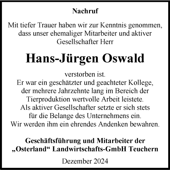 Traueranzeige von Hans-Jürgen Oswald von Super Sonntag Weißenfels