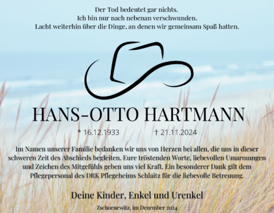 Traueranzeige von Hans-Otto Hartmann von SuperSonntag Bitterfeld