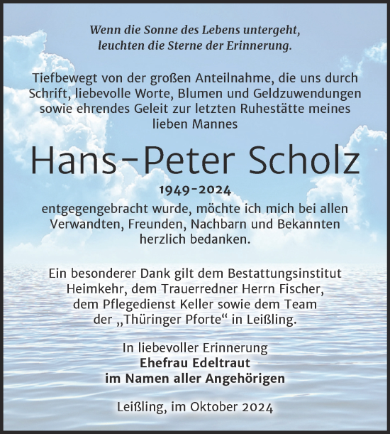 Traueranzeige von Hans-Peter Scholz von Trauerkombi Weißenfels