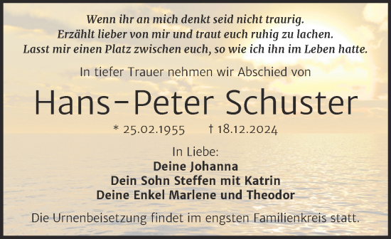 Traueranzeige von Hans-Peter Schuster von Trauerkombi Merseburg