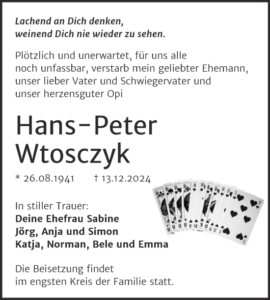 Traueranzeige von Hans-Peter Wtosczyk von Trauerkombi Dessau