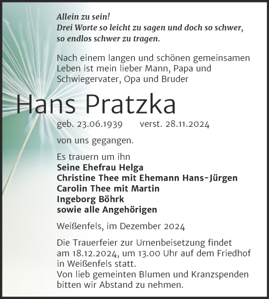 Traueranzeige von Hans Pratzka von Trauerkombi Weißenfels