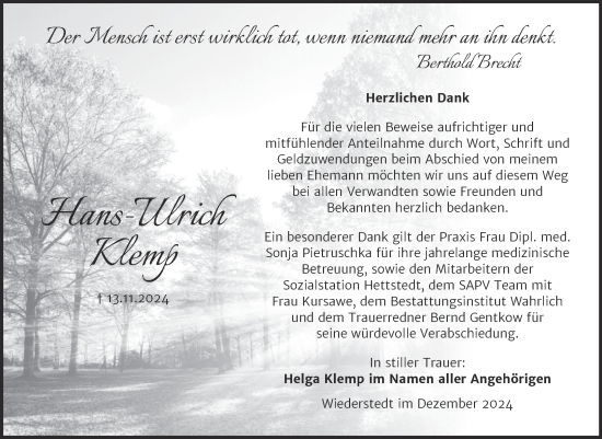 Traueranzeige von Hans-Ulrich Klemp von Trauerkombi Mansfelder Land