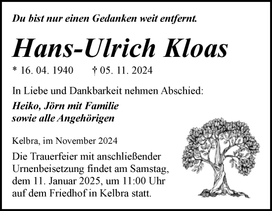 Traueranzeige von Hans-Ulrich Kloas von Trauerkombi Sangerhausen