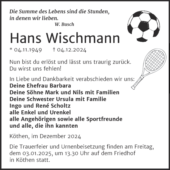 Traueranzeige von Hans Wischmann von Trauerkombi Köthen